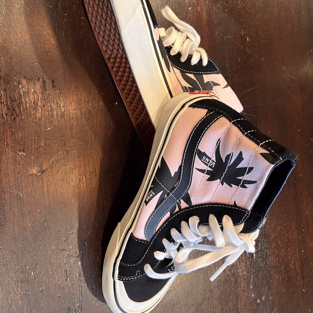 VANS PALM TREE PRINT HI-TOP CANVAS SK8 SHOES PINK/BLACK Womens 8.5